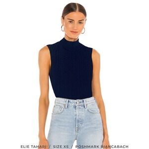 Elie Tahari Womens Navy Blue Mesh Trim Mock Neck Sleeveless Top E95MT509 Small